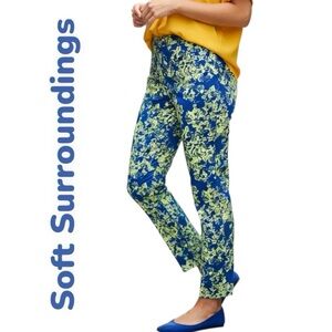 Soft Surroundings Elisabetta Ankle Pants Blue Yellow Floral High Rise Pull On XL